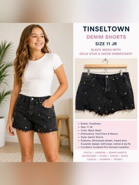 Tinseltown Black Denim Shorts Size 11 Juniors Gold Star Moon Embroidered Distres